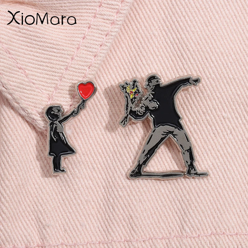 الكلاسيكية بانكسي الفن جمع المينا دبوس زهرة قاذف الصبي الأحمر بالون فتاة بروش شارة التلبيب الديكور مجوهرات هدايا