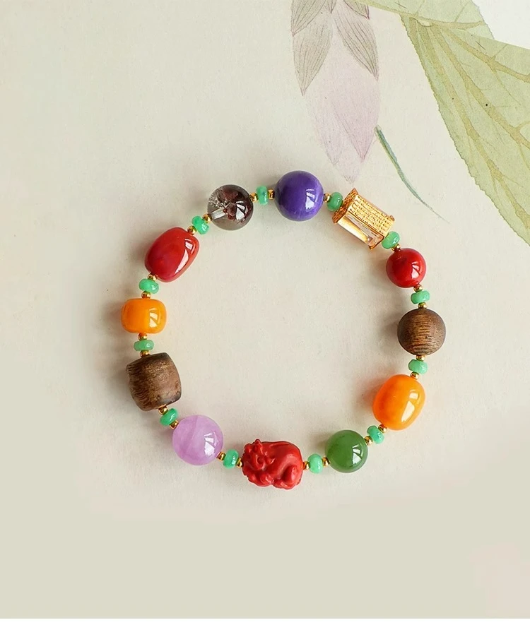 

Natural Red Agate Bracelet Wealth Attraction Multi-Gemstone Beads Kyara Agarwood Green Phantom Quartz, Antique Amber Jewelry