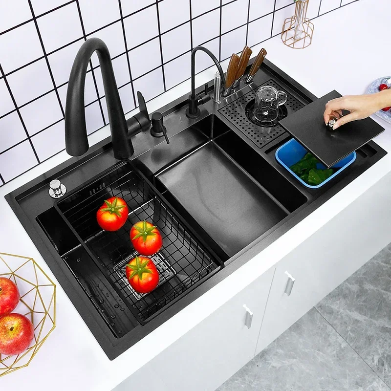 

New Multifunctional with Glass Rinser Waterfall Stepped Stainless Steel Nano Single Bowl Kitchen Sink