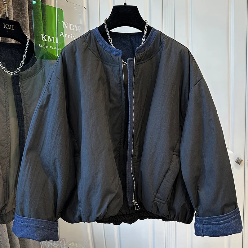 

Женская джинсовая куртка свободного кроя с цветными вставками, на молнии, из хлопка, для носки на ранней осени, мода 2025