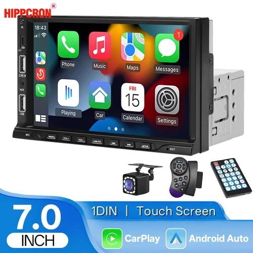 Hippcron 7 pulgadas Carplay Radio de coche Android Auto 1din MP5 reproductor Multimedia HD pantalla táctil FM Aux entrada Bluetooth Dual USB espejo