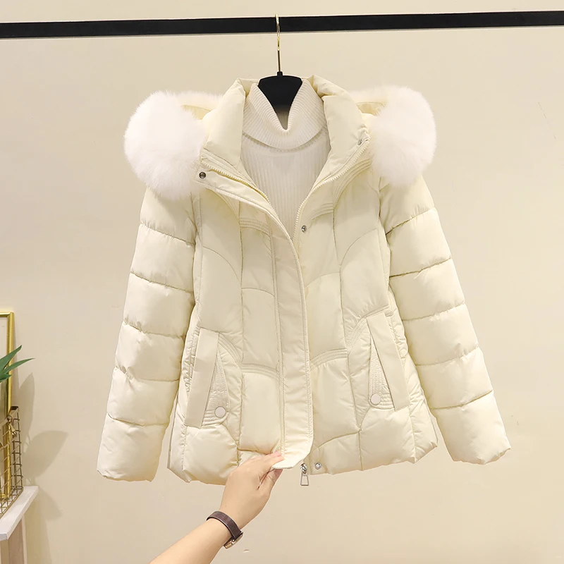 

Women's down Cotton Jaet 2025 New Winter ort Slimming Thiened Faion Large Fur Collar Cotton Coat Outerwear