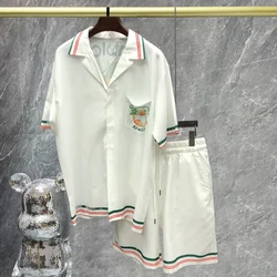 Conjunto de camisa de manga corta para hombre, Top corto con solapa estampada en contraste, ropa de calle, traje informal, verano, 2024