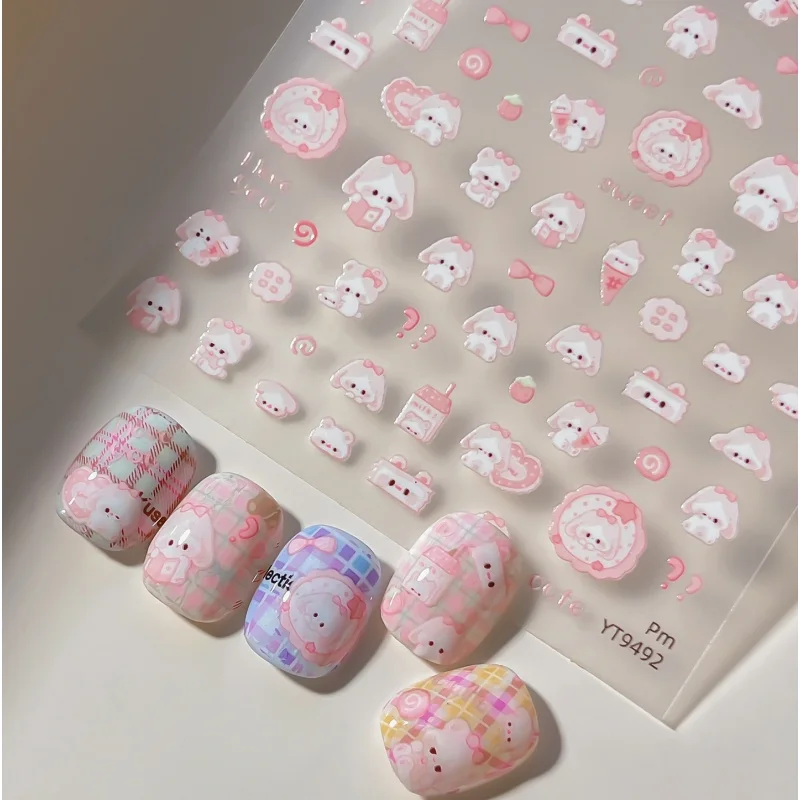 Cute Cartoon Puppy Nail Art Sticker Pink Bowknot Ice Cream Animal Pattern Self-adhesive Nail Art Decoration Stickers DIY Decals