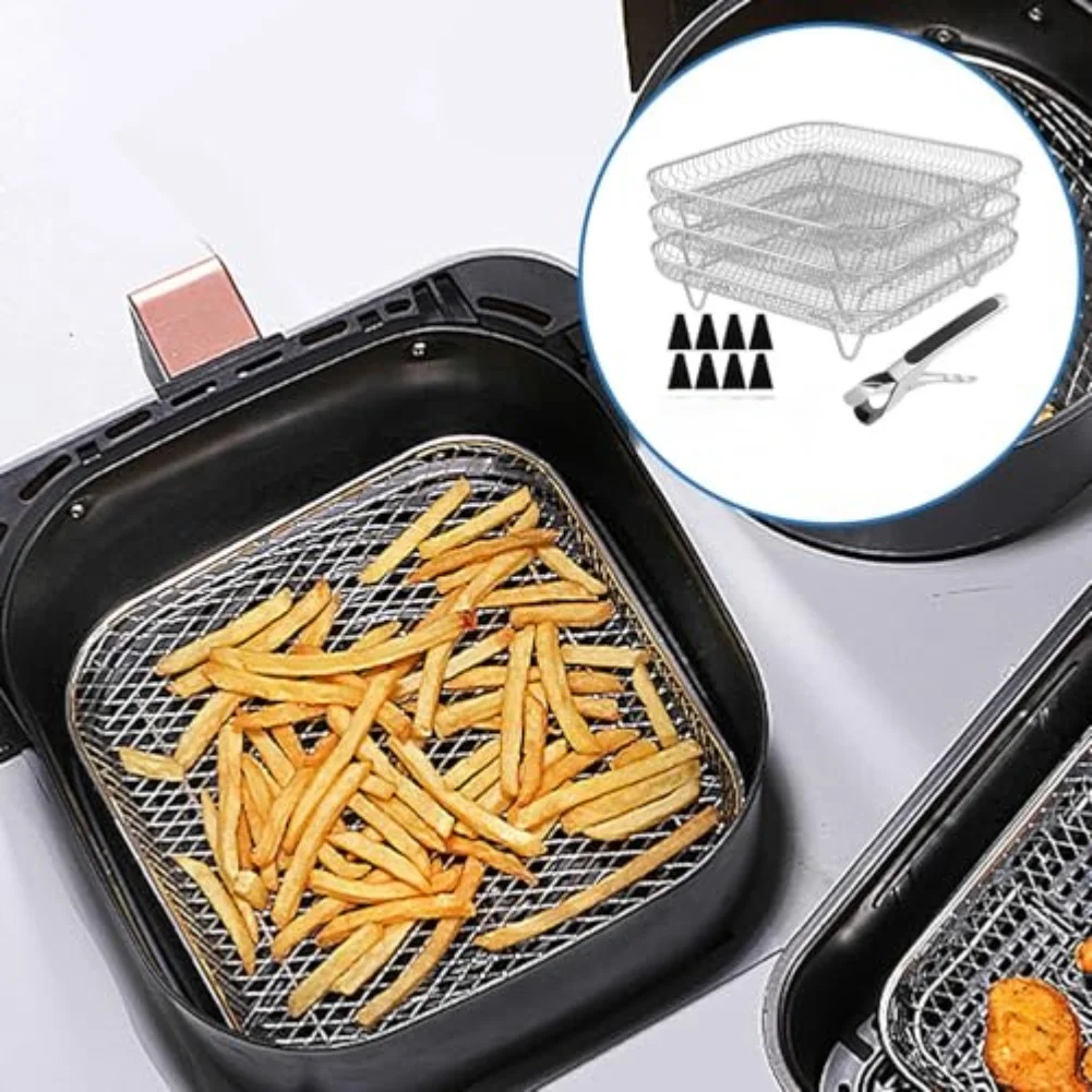 Efficient Cooking Stackable Air Fryer Rack Easy To Clean Heat-Resistant Tongs Rust-Resistant Stainless Steel Cooking Tray
