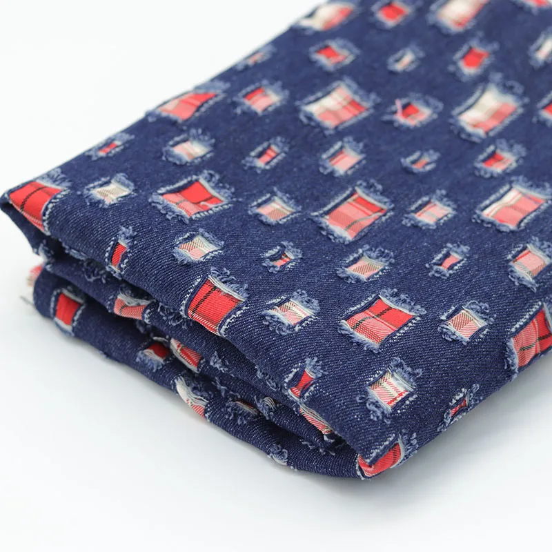 Checkered Composite Washed Denim Fabric Thick for Clothing Handbag Designer Creative Diy Sewing Material Wholesale Cloth