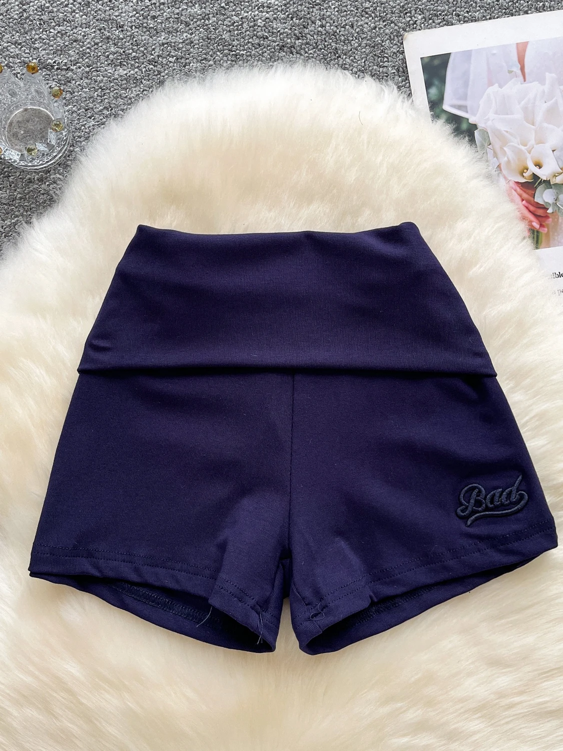 Foamlina Folded High Waist Shorts Women Fashion Solid Letters Embroidery Slim Stretch Tight Shorts Comfortable Workout Shorts