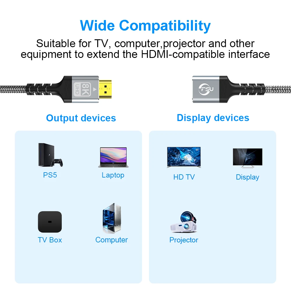 Kabel przedłużający zgodny z HDMI FSU 8K, adapter męski na żeński, 4K@120Hz 8K@60Hz 2.1 48 Gb/s, kompatybilny z PS5, PS4, TV PC, Bluetooth-ray