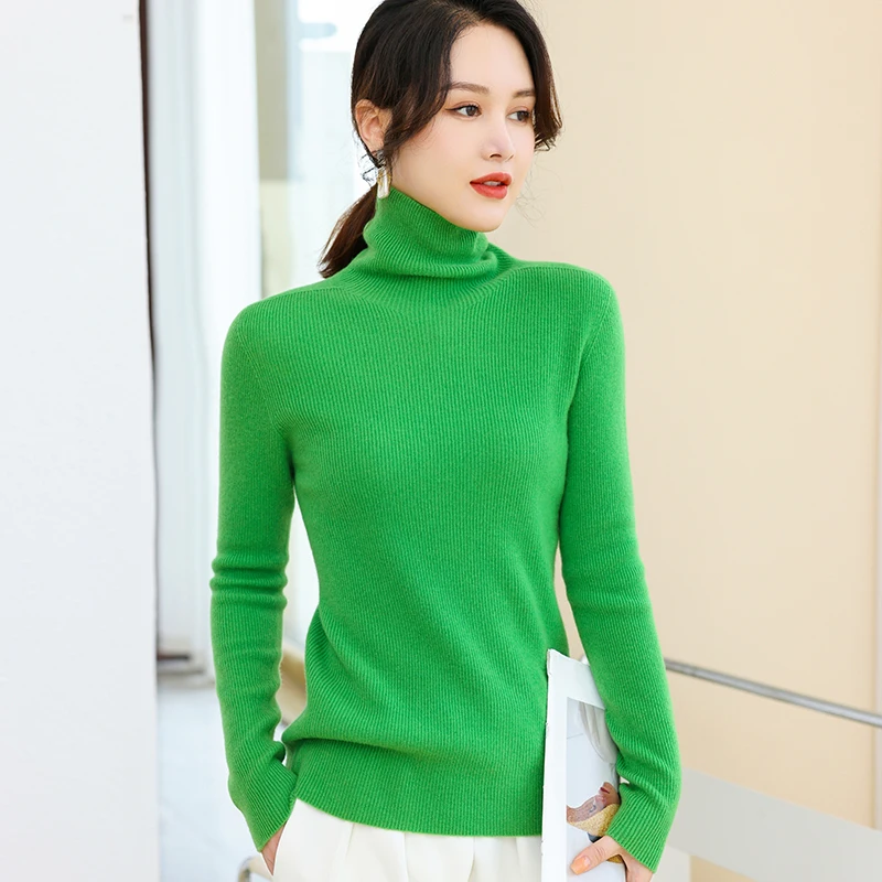 

Women 100% Sheep Wool Basic Sweater Turtleneck Slim Fit Knit Clothing Elegant Ladies Pure Wool Knitwear Pullover Sweaters