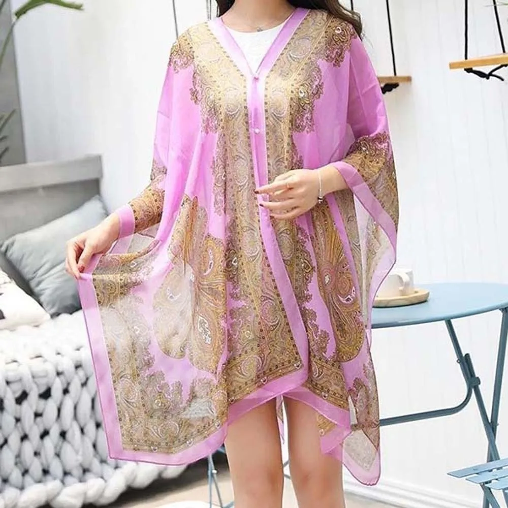 

Дышащая шаль с крупным цветочным принтом и пряжкой, длинный тонкий солнцезащитный шарф из полиэстера, легкое пляжное пончо для отпуска