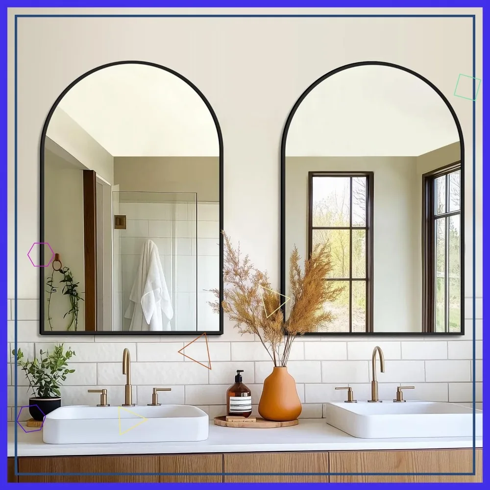 

2 Pack 24x36 Inch Arched Wall Mirror, Shatter-Proof Glass with Metal Frame for Bathroom Vanity Living Room Bedroom Black