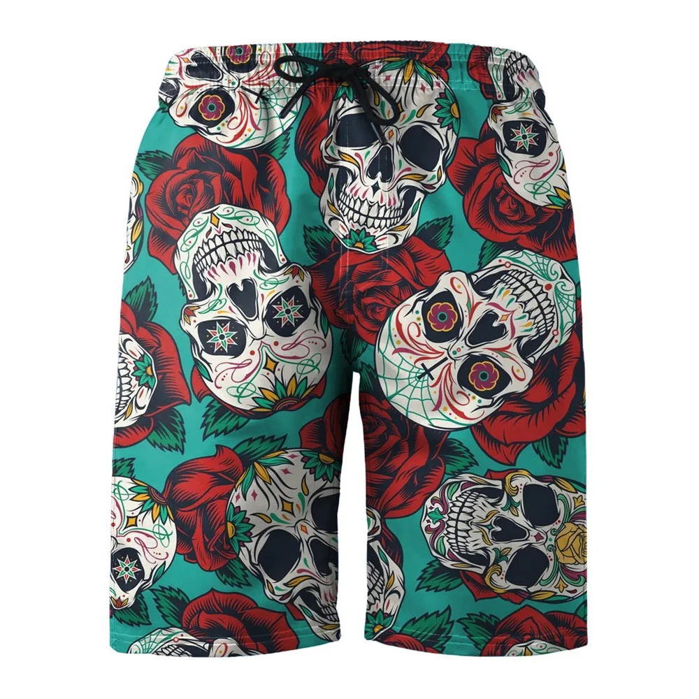 HXFashion Men\'s Shorts Hawaii Bohemia Skull Leaf Floral 3D Printed Board Shorts Polyester Casual Pockets Pants Sportswear