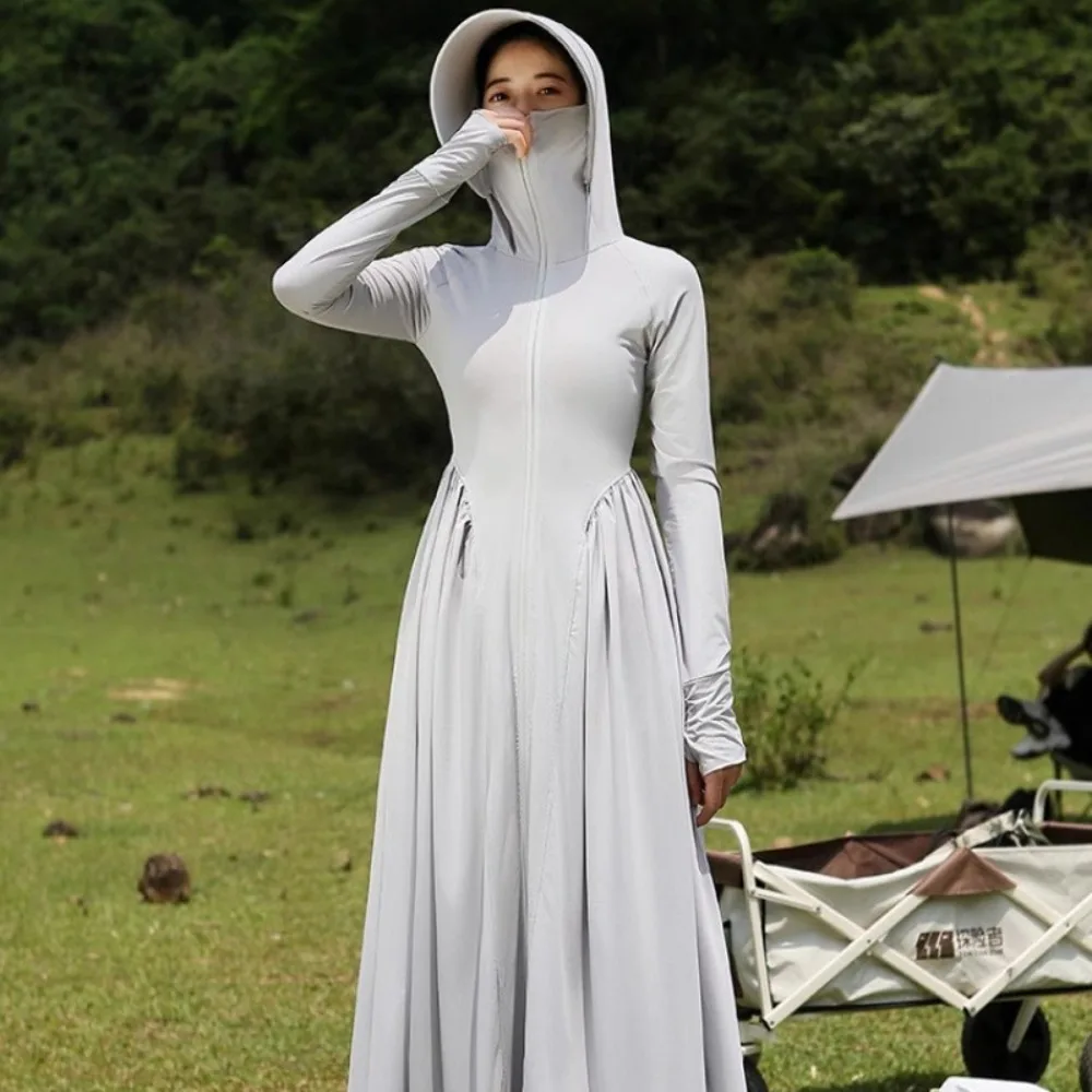 

Модная солнцезащитная одежда UPF50 + дышащая легкая женская толстовка с капюшоном из ледяного шелка с длинными рукавами, летнее солнцезащитное платье