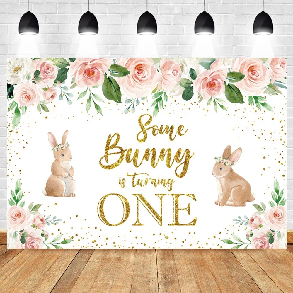 Easter Bunny Rabbit Photography Backdrop Flower Balloon Some Bunny is Turning One Baby Shower Birthday Party Photo Background