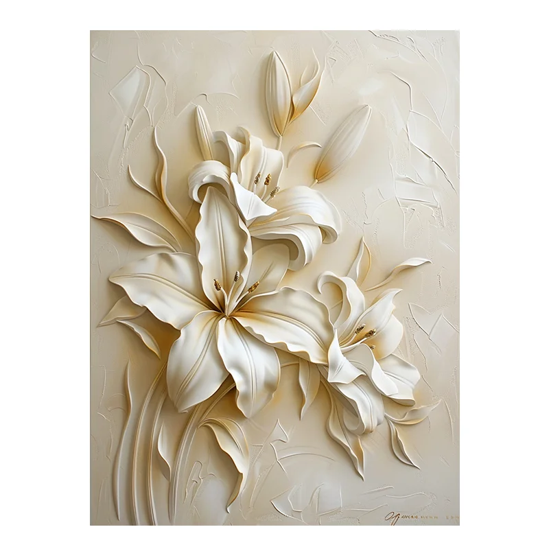 Modern Relief White Lily Wall Art Decor Elegant Textured Floral Painting for Living Room Home Decor