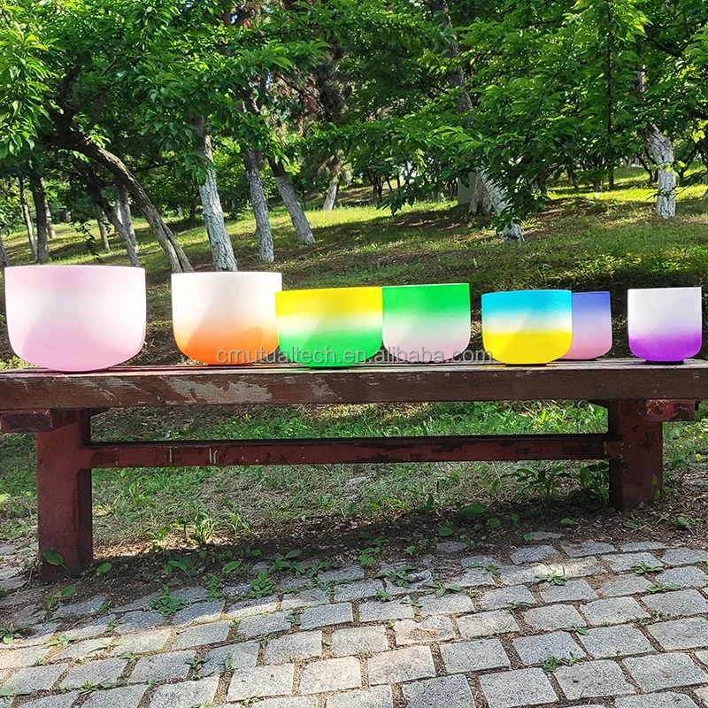 Rainbow Frosted Crystal Singing Bowl Set of 7 Customize Sound Therapy Bowl Quartz Sound Bath Instrument for Spiritual Gift Set