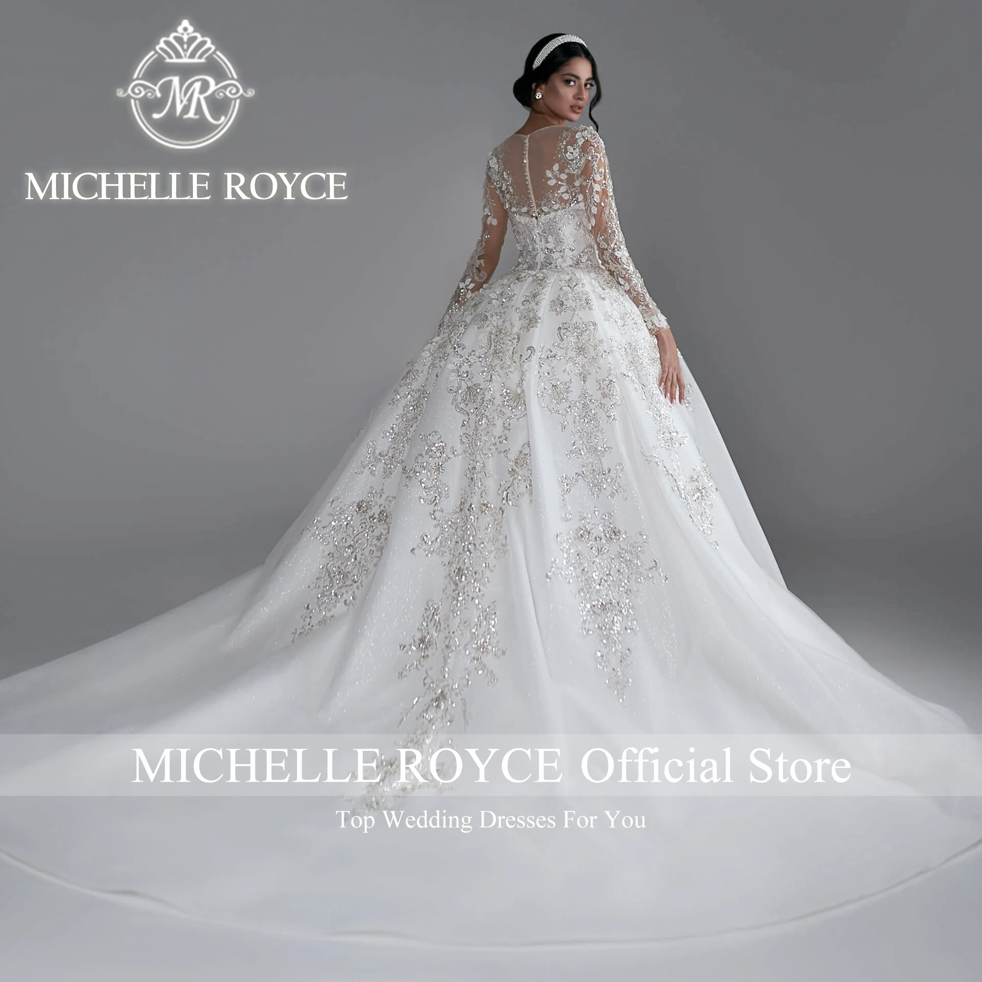 Michelle Royce-Robe de mariée en dentelle à manches longues, robe de Rh, broderie chérie, paillettes, luxe, éducatif