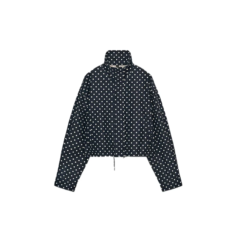 

Fashion Navy Polka Dot Set For Women Casual Stand Collar Zipper Jacket & High Waist Shorts Lady 2026 Spring Chic Outfits