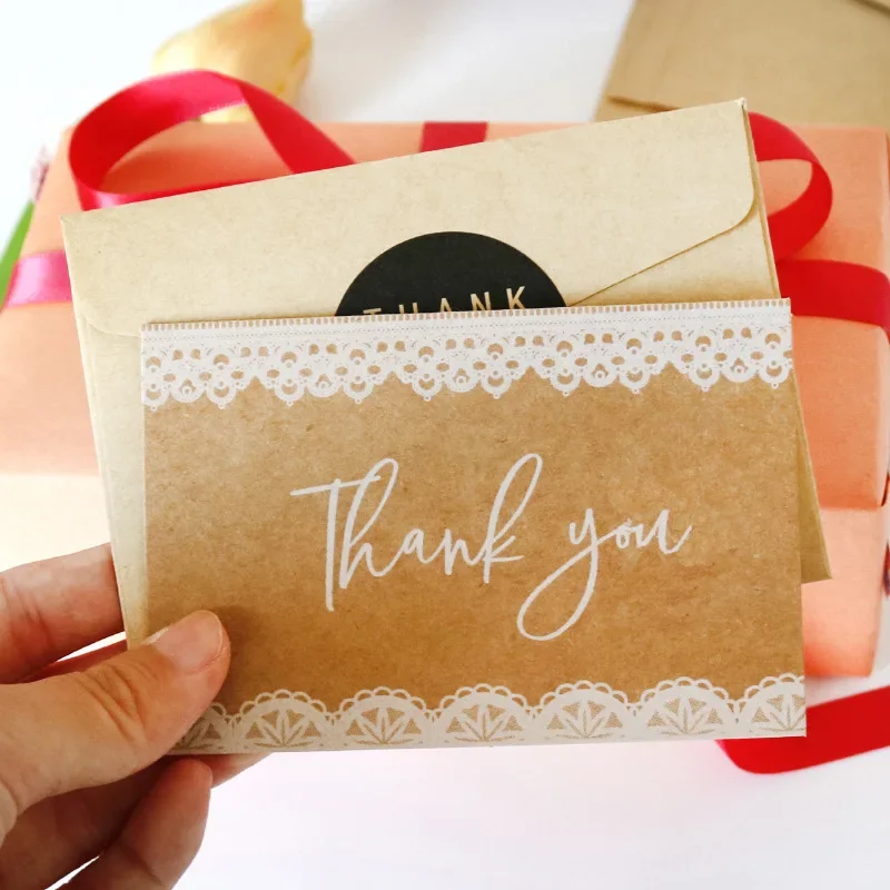 180pcs of 10 Sets Kraft Thank You Cards Lace Thank You Greeting Cards and Envelope Stickers Holiday Wishes Cards Party Messages