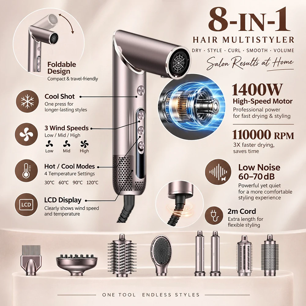 YOOSilk 8-in-1 Hair Multistyler 1400W High Speed Hair Dryer 110000 RPM Auto Wrap Curler Hot Air Brush Styling Set
