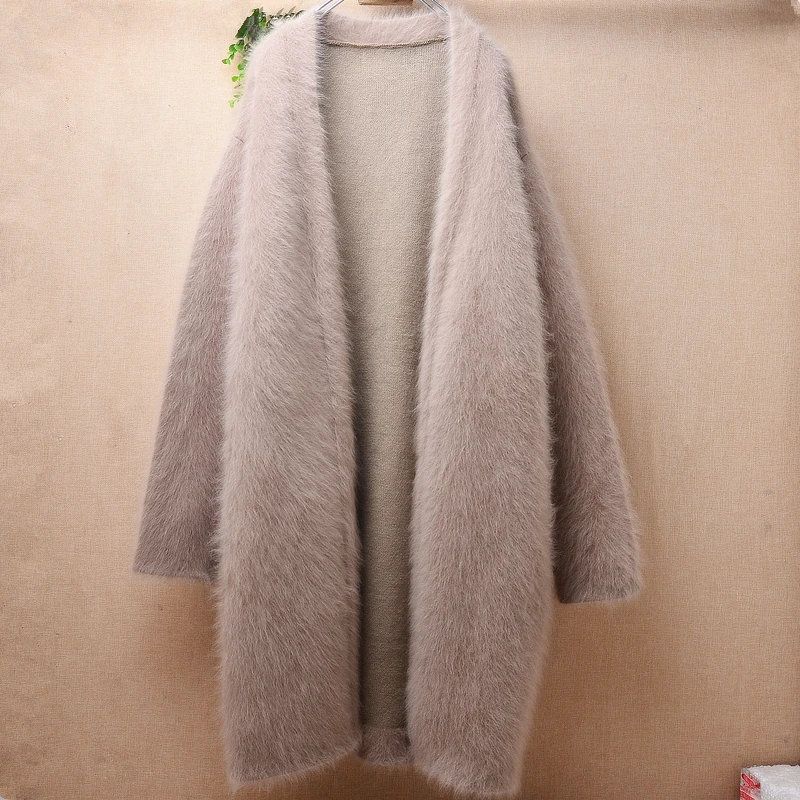 01 Female Women Fall Winter Thick Warm Hairy Mink Cashmere Knitted Long Sleeves Loose Long Sweater Angora Fur Cardigans Jacket