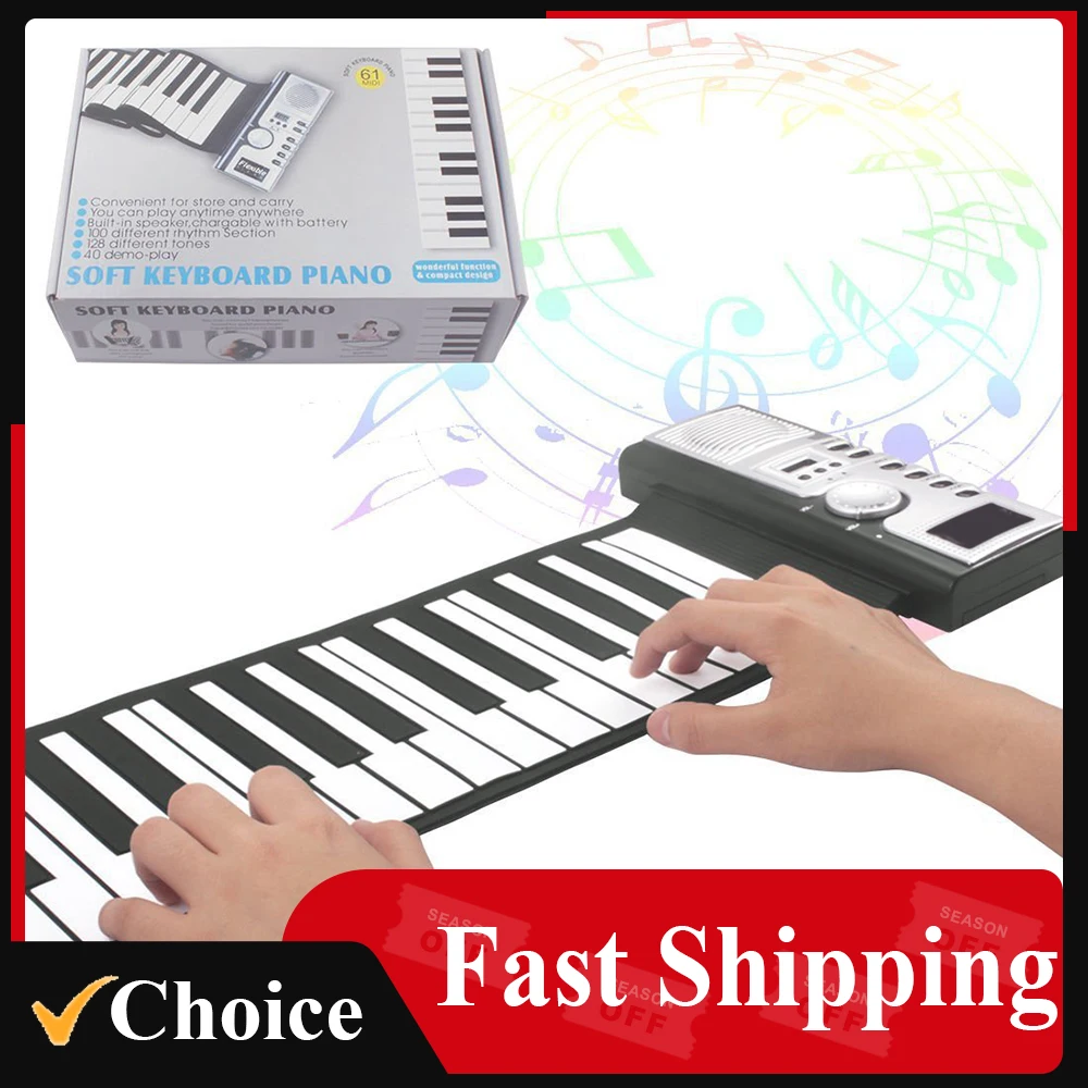 61 Keys Roll Up Piano Keyboard Portable Soft Silicone Electronic Piano with Built-in Speaker LCD Display Recording MIDI Function