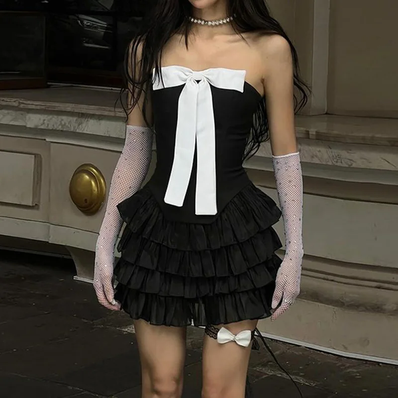 

SKMY Sexy Bow Contrasting Strapless Dress Sweet And Spicy Girl High Waist Cake Dress Black Fashion Summer Women Clothes 2025