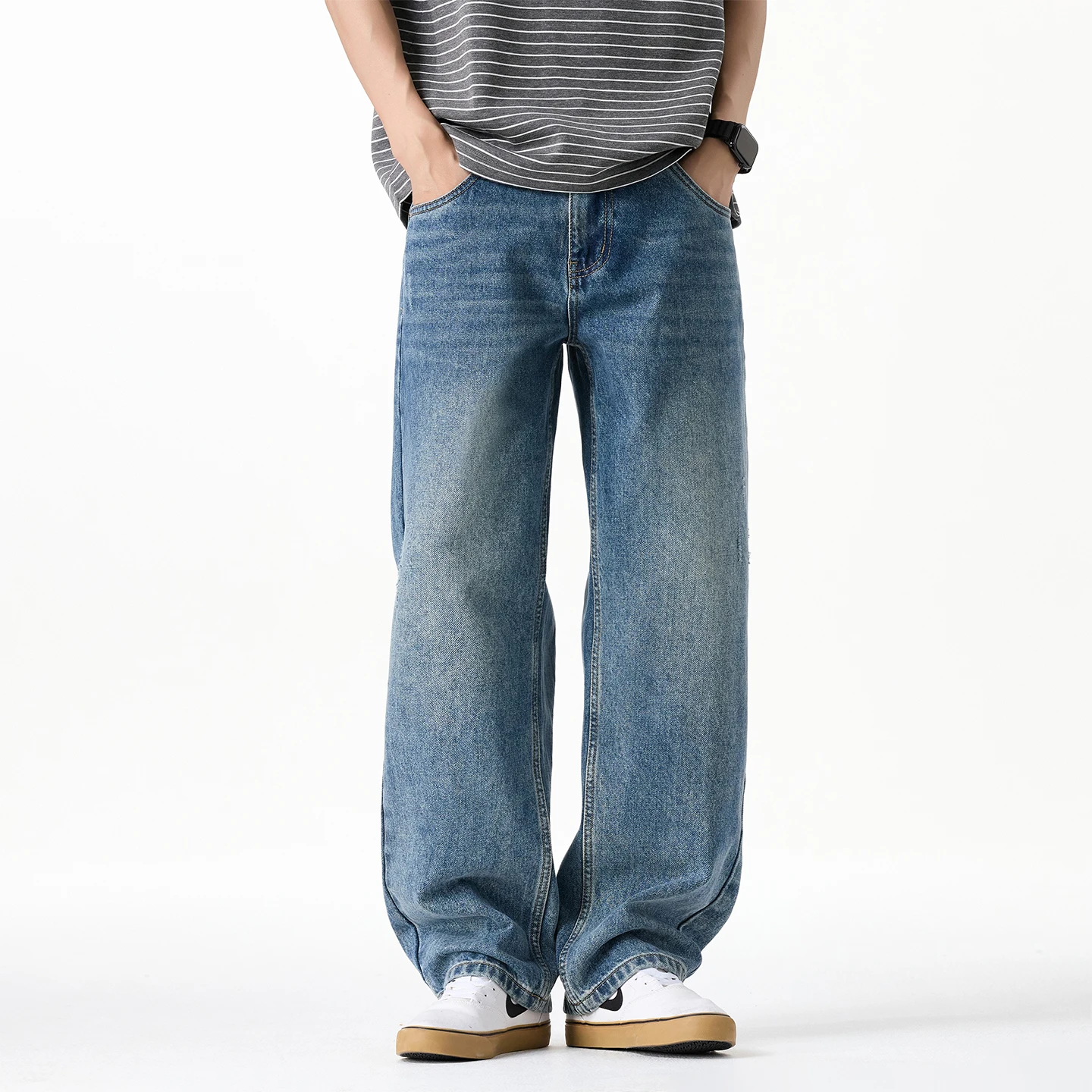 

Light Blue Jeans Men's Straight High Street American Retro Loose Casual Washed Denim Wide Leg Jeans Pants Male Jeans Trousers
