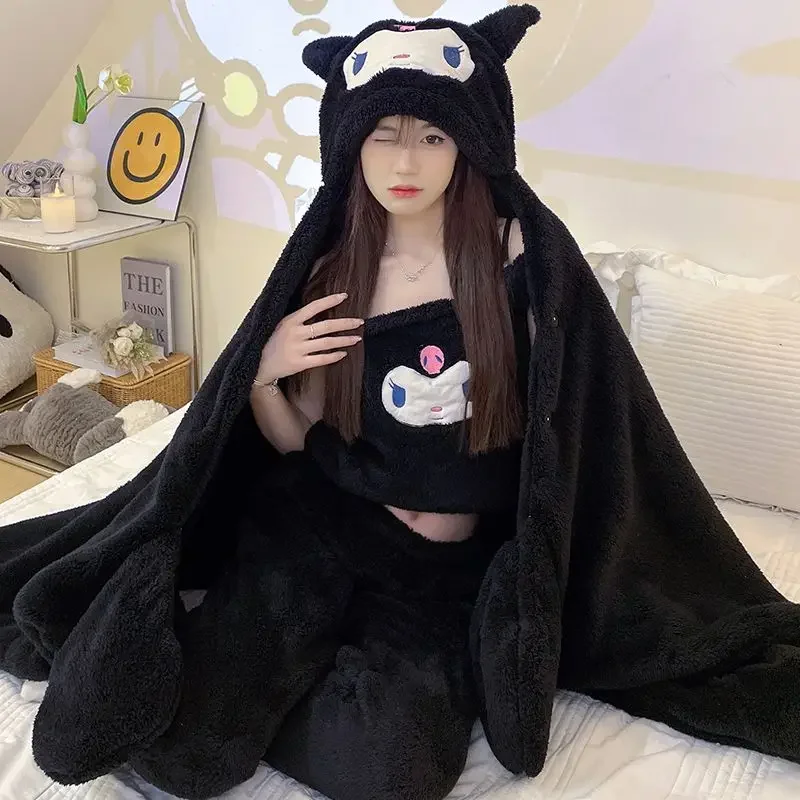 

3Pcs Anime Sanrioed Kuromi Women's Pajamas Set Winter Coral Fleece Nightgown New Thickened Hooded Cloak Gloves Cute Home Clothes