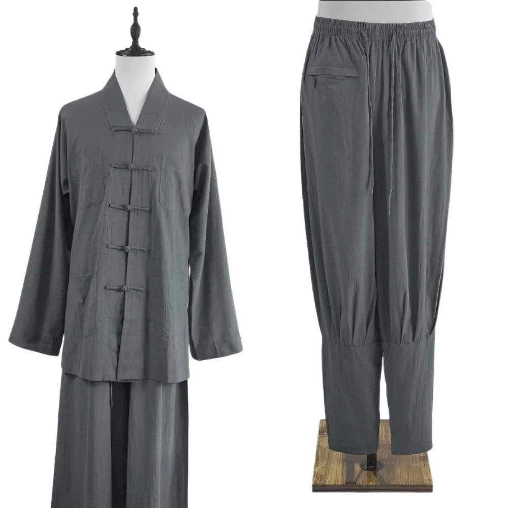 USHINE Loose Fit Zen Monk Outfit Cotton Linen Tang Suit Frog Button Buddhist Meditation Robe Set Temple Prayer Wear for Men