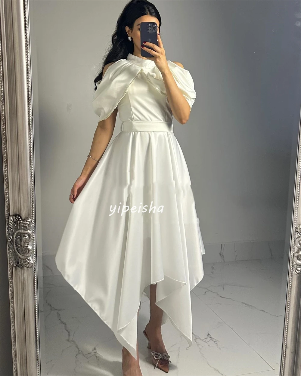 Eenvoudige Chiffon Kriskras Kralen Sash Plooi Ruches Asymmetrische Juweel Midi Jurken Quinceanera Dressesv Moderne Stijl Mode