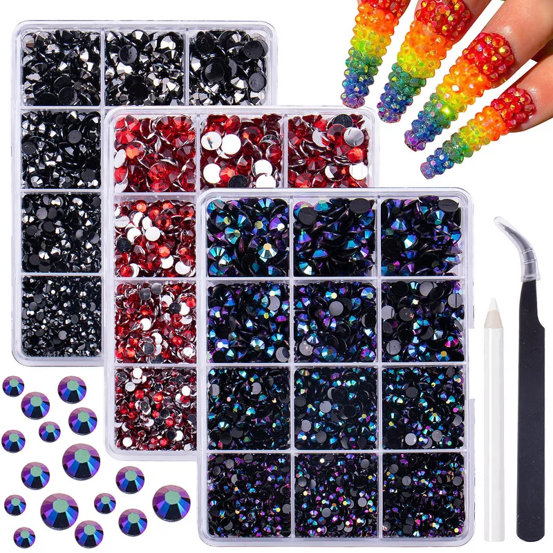 12 Girds Resin Flatback Rhinestones Multicolored 3/4/5/6mm Non Hotfix Gems with Pick Pen & Tweezers, Bedazzling Kit for Nail Art