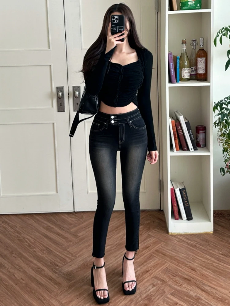 

High Waist Retro Denim Jeans Women's Elastic Slim Fit Nine Points Pencil Pants Bla Anti-Wrinkle Cotton Stretch Fabric