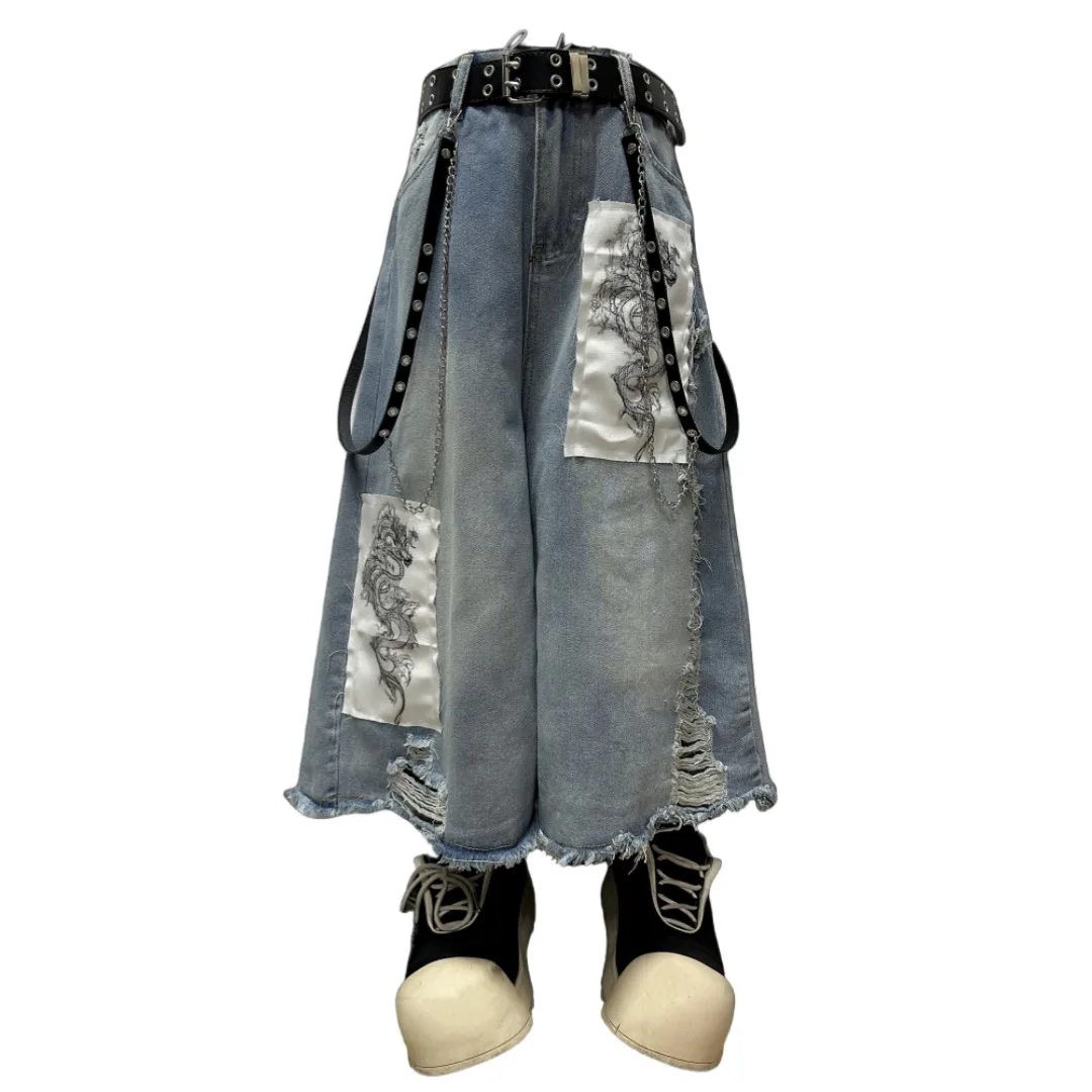 Vaqueros góticos punk unisex japonés vintage pantalones cortos de pierna ancha estilo Yamamoto apliques longitud denim con diseño