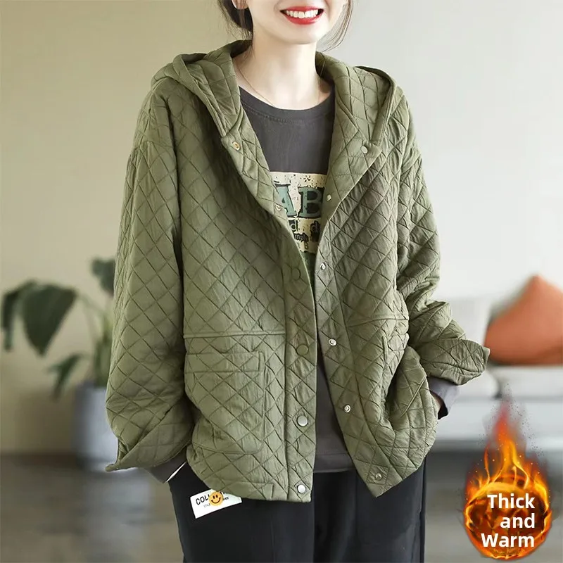 

Thickened Winter Cotton Jacket for Women with Hood Retro Diamond Pattern Warm Coat Long Sleeve Regular Length Loose Fit