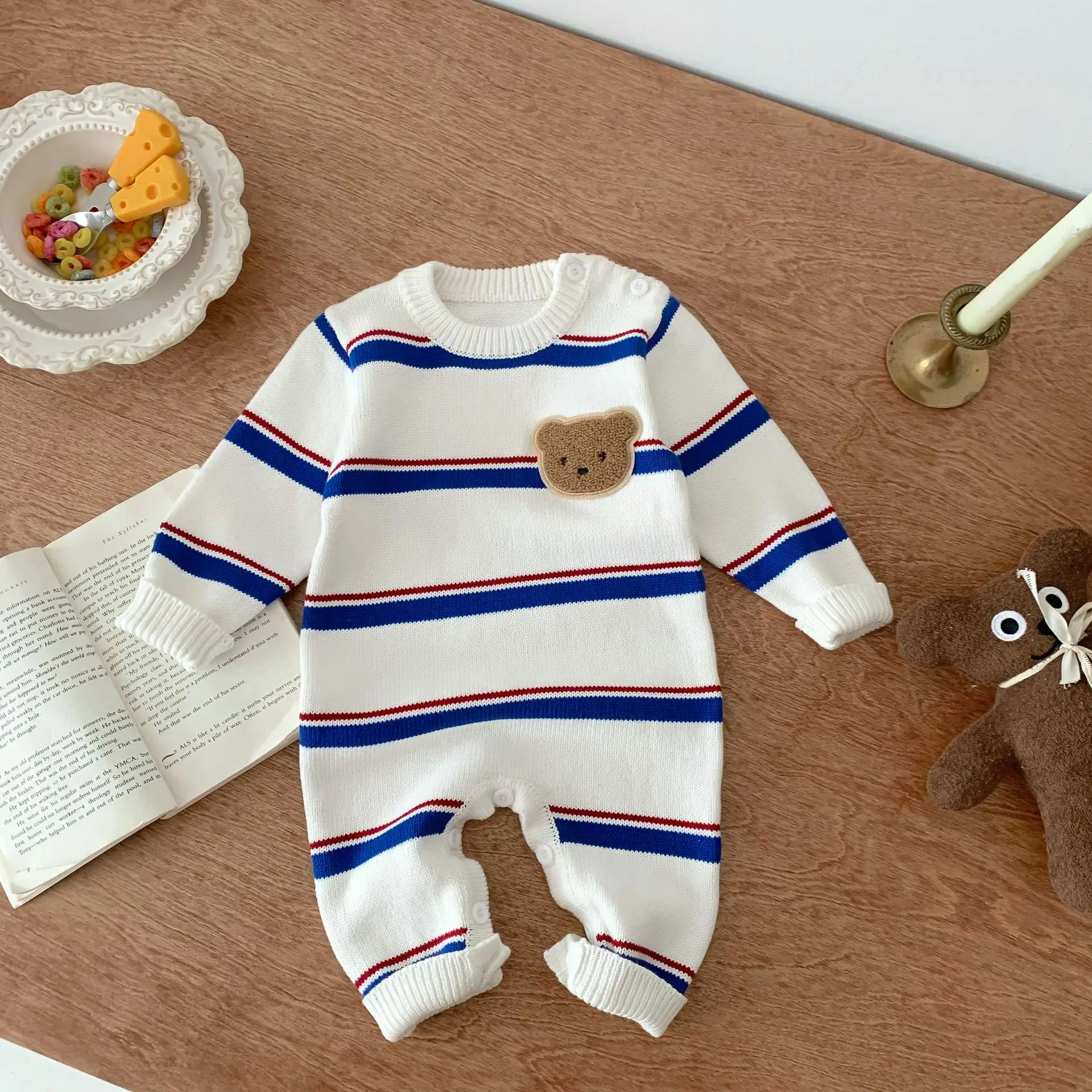 2024 Ins Korean Spring Autumn Infant Boys Bodysuit Long Sleeve Knitted Sweater Striped Romper Simple Pullover Baby Boys Jumpsuit