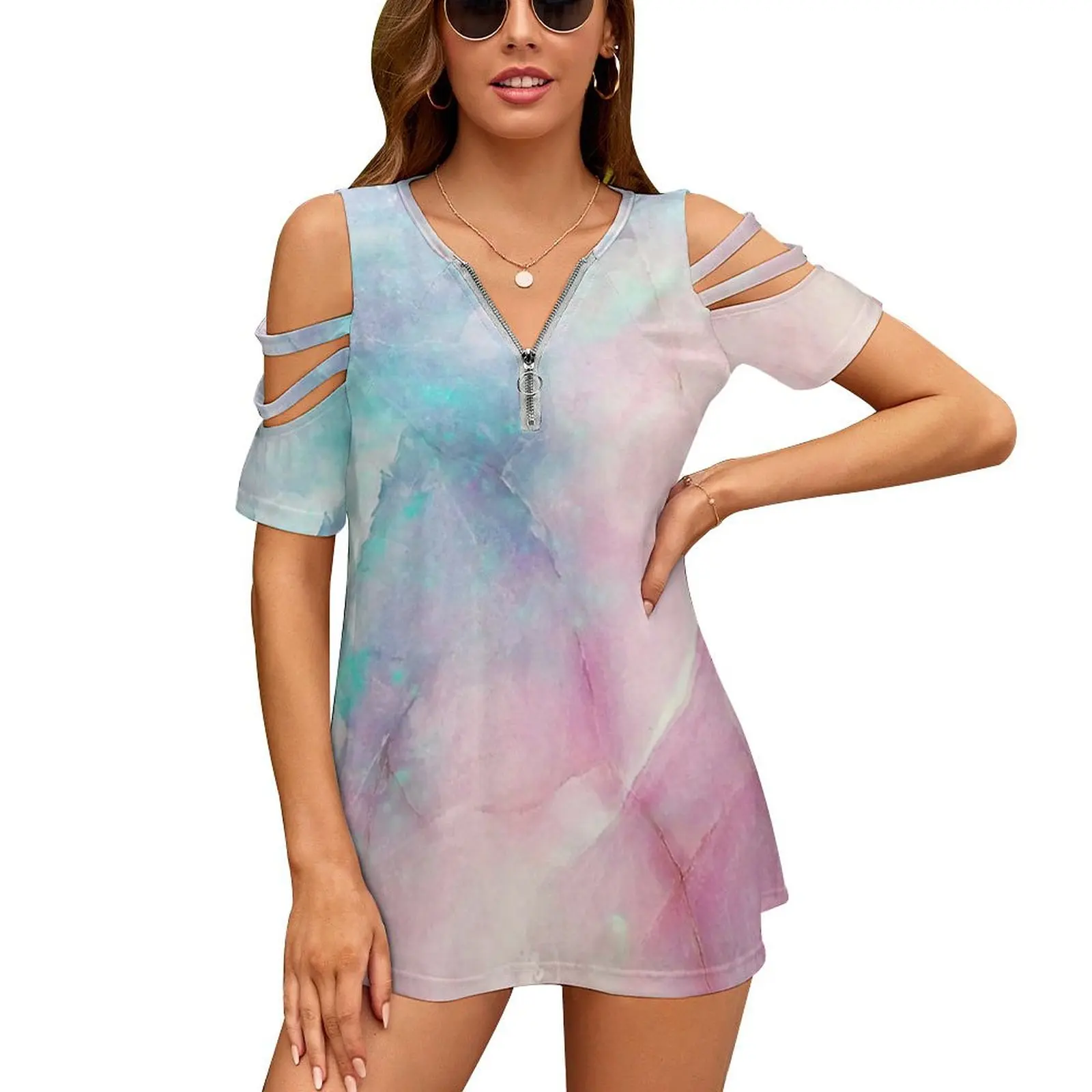 Iridescent Marble New Fashion Zip Off Shoulder Top Short-Sleeve Women Shirt Iridescent Marble Color Pastel Magic Unicorn Candy