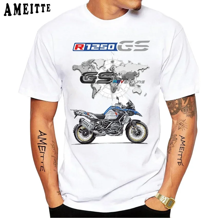 New Summer Men Short Sleeve The R 1250 GS Adventure Motorcycle T-Shirt Moto Art Boy Casual Tops Funny Rider Sport White Tees