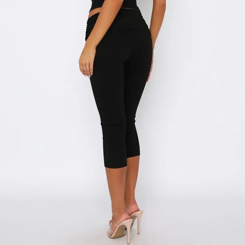Combhasaki Women Slim Capri Pants Ruched Foldable Elastic Waist 3/4 Length Trousers Solid Color Cropped Leggings Casual Daily