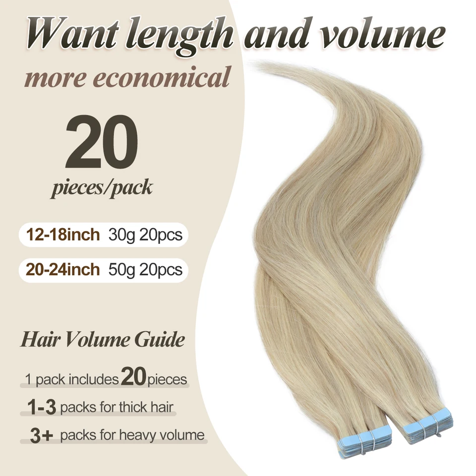 Extensiones con Cinta Adhesiva Sin Costuras de Cabello Humano Natural, Weft de Piel, PU, 16-20 Pulgadas, 30g por Paquete 3