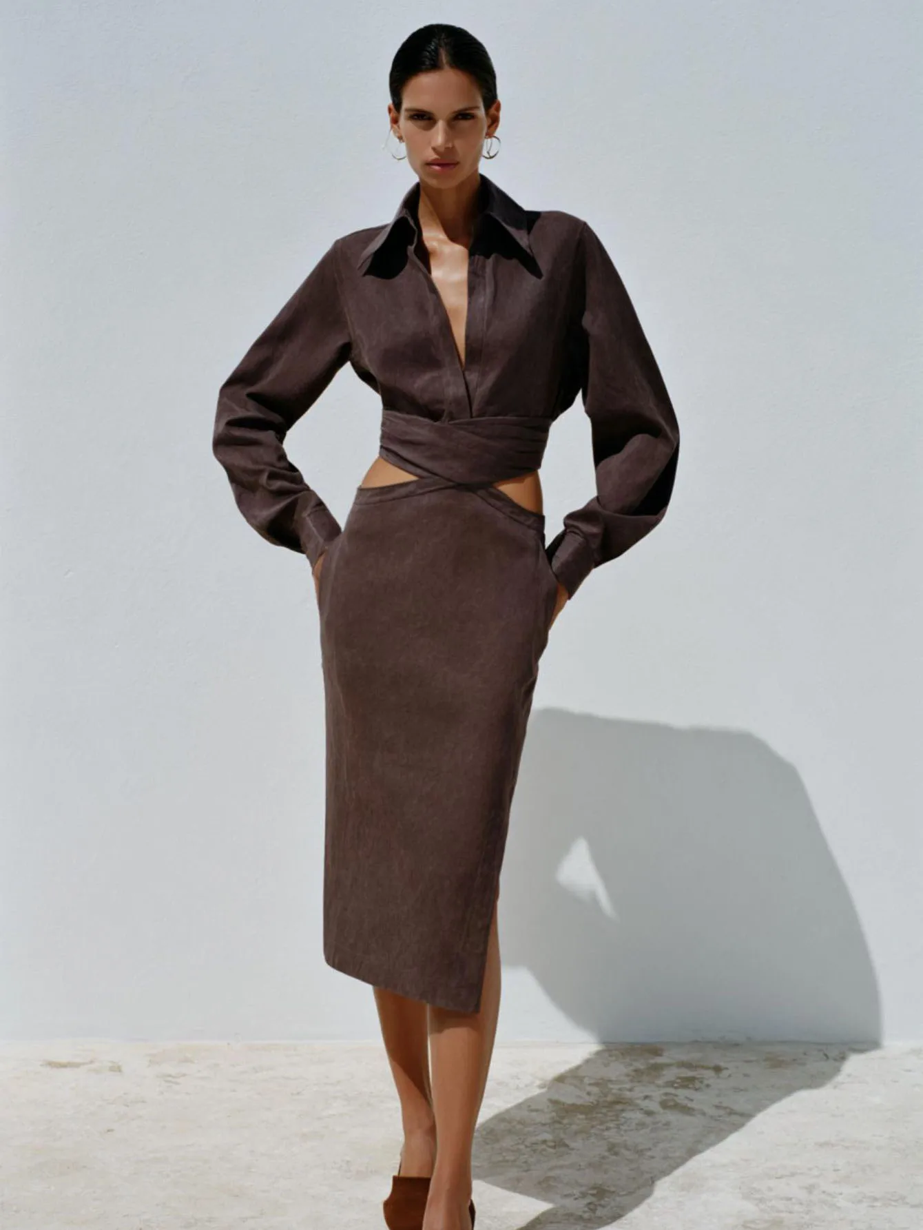 여성용 심플 긴팔 셔츠 칼라 슬림핏 드레스 패션 기본 컷아웃 디테일