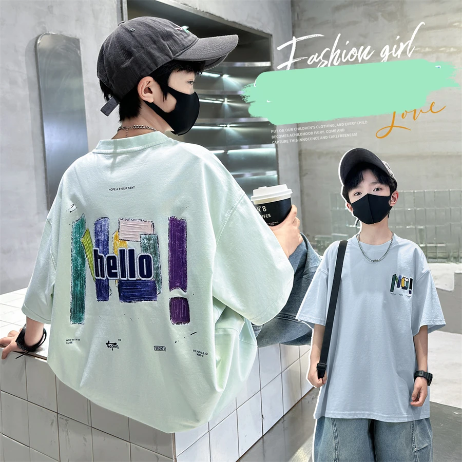 

Fashion Kids Cotton T-shirts with Letters Print for Teen Boys Short Sleeve Summer Streetwear Outfits Child Casual Tshirt 6-16 Y