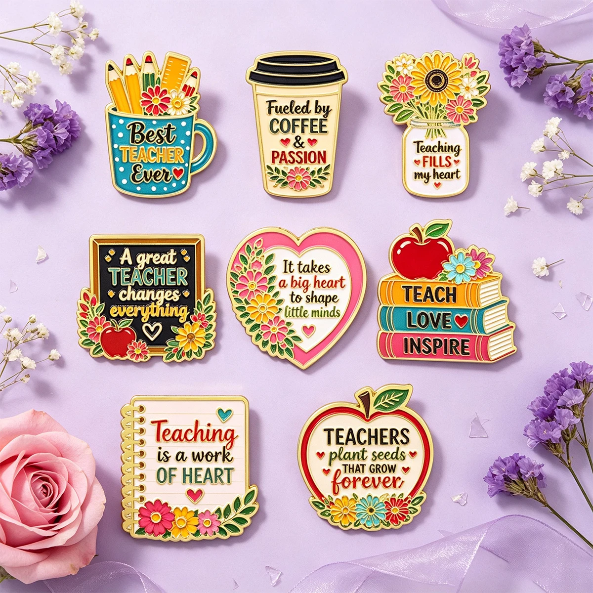 8-teiliges Set an Emaille-Pins zur Lehreranerkennung mit inspirierenden Zitaten, Anstecknadel für Rucksäcke, Geschenk für Lehrer – Detail 3