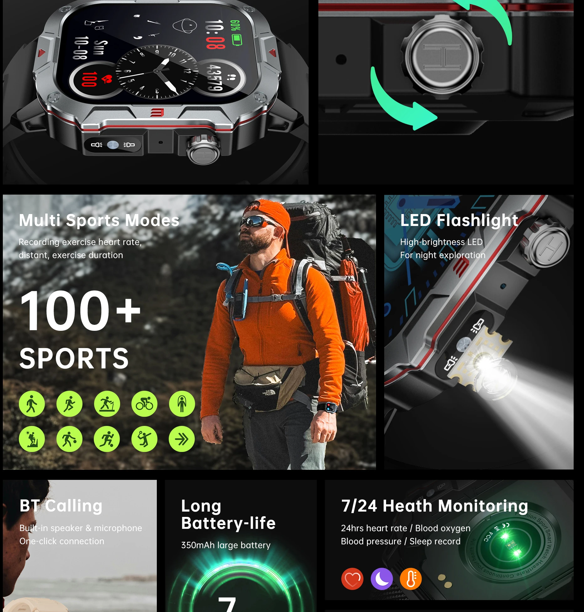 2025 Новый светодиодный фонарик для улицы, спортивные водонепроницаемые часы с тремя доказательствами, 2,19-дюймовый большой экран, голосовой помощник, Bluetooth-вызов