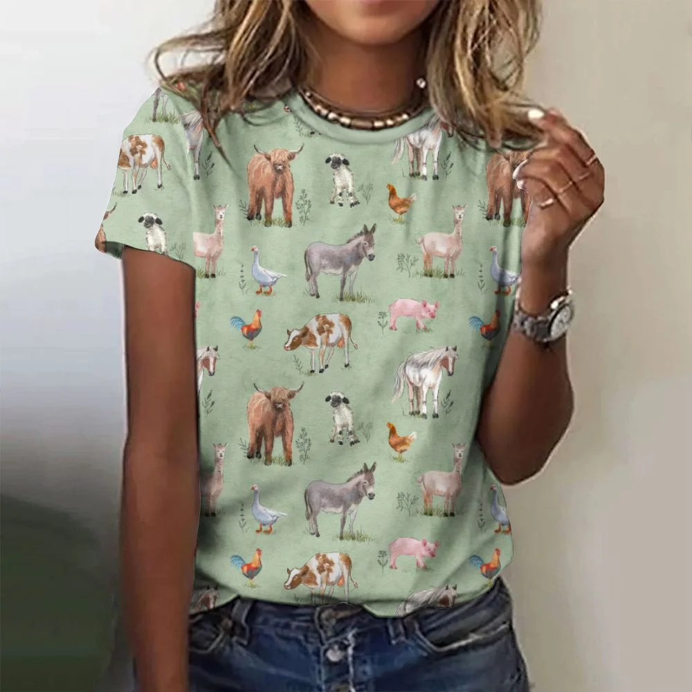 Koszulki damskie z nadrukiem 3D zwierząt z kreskówek, modne, codzienne koszulki z krótkim rękawem, Y2k Harajuku, bluzki z okrągłym dekoltem, odzież uliczna, topy damskie