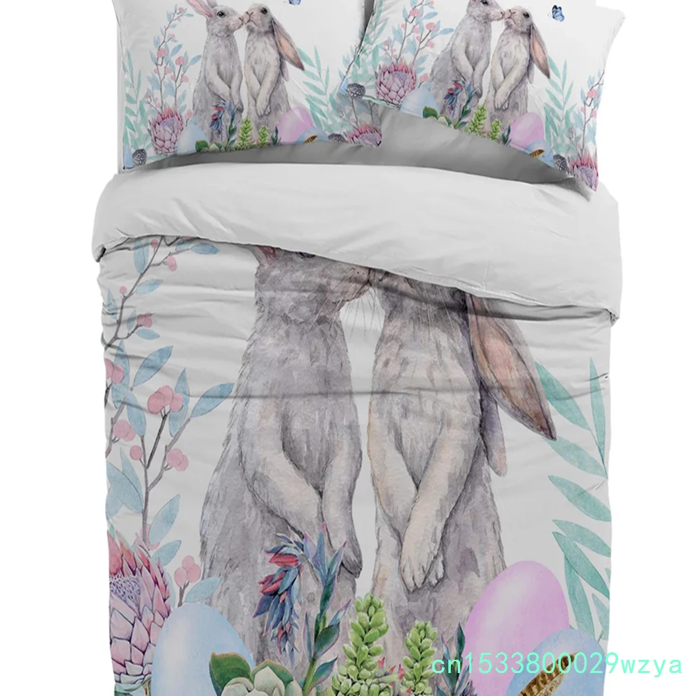 Easter Bunny Flower Butterfly Watercolor Rabbit 3pcs Bedding Set For Double Bed Home Textile Duvet Cover Quilt Cover Pillowcase