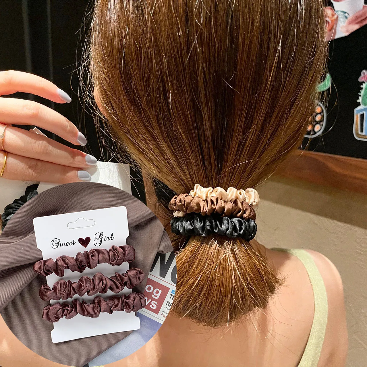 女性用サテンシルクヘアシュシュ,単色,シンプル,伸縮性,ヘアバンド,輪ゴム,アクセサリー,高級ブランド,3個セット