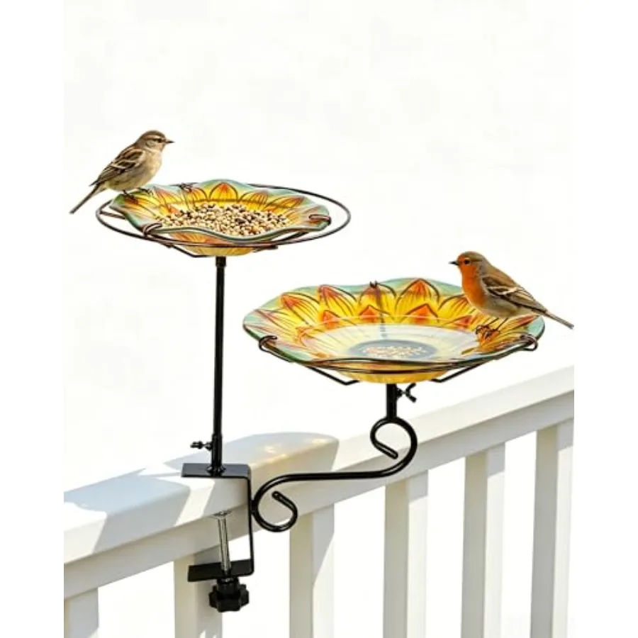 

2-in-1 Deck Mounted Bird Bath for Outside Glass Birdbath Bowl and Birdfeeder with Adjustable Sturdy Metal Clamp for Railing Bal