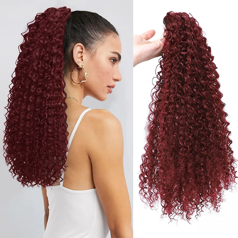 Sintético Curly Ponytail Extensões para Mulheres, Drawstring Hairpiece, Afro Curly Ponytail, Longo Vermelho, Kinky Horse Tail