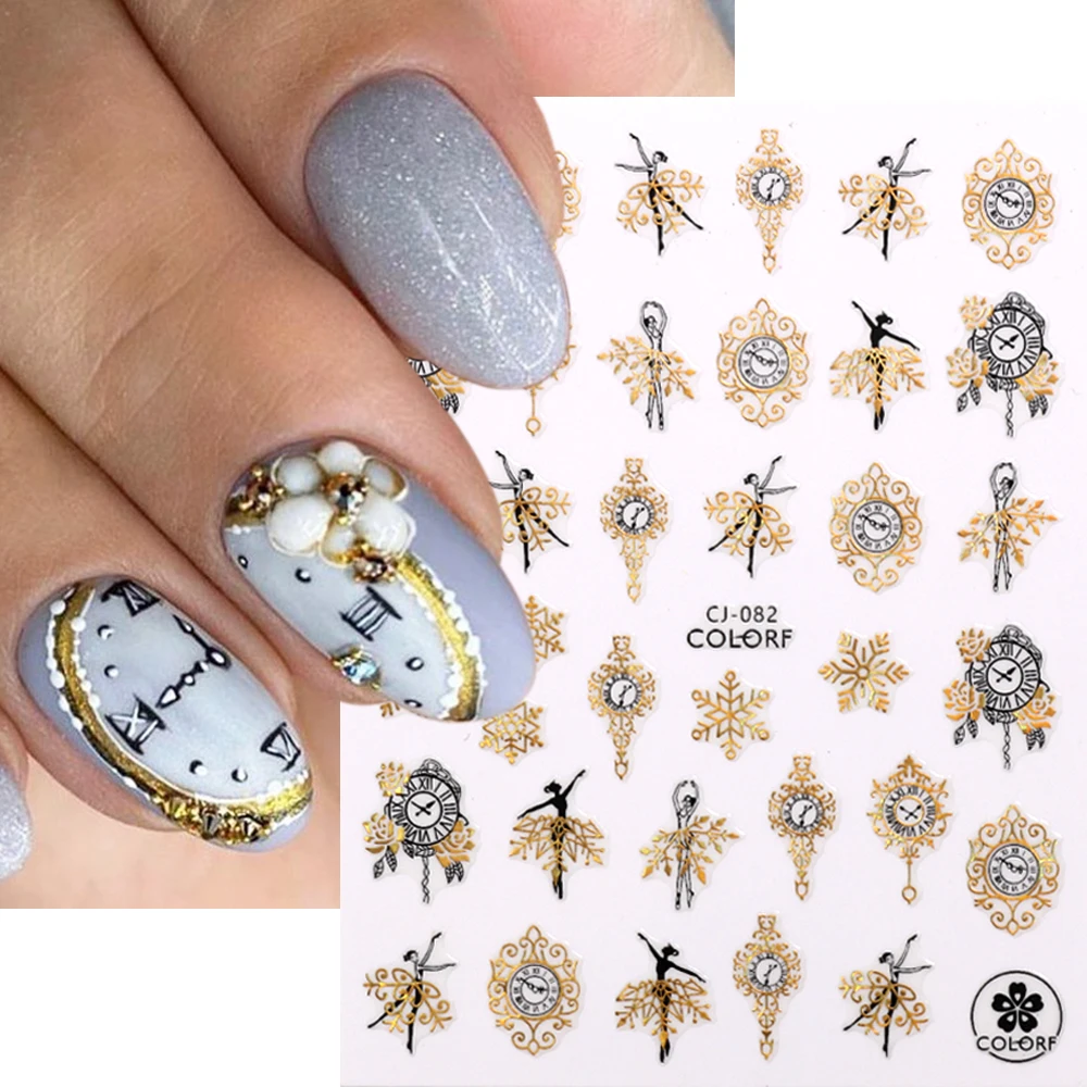 New Year Decoration 2023 Gold Bronzing Nail Stickers Countdown Clock Design Snowflakes For Nails Deer Xma Tree Sliders GLCJ-082